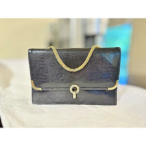 PRISTINE Vintage LESCO LONA Black Lizard Handbag – Gold Circle Clasp – 1969 Find
